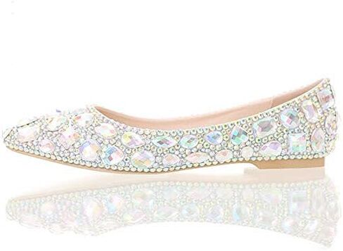 أحذية نسائية مسطحة مصنوعة يدويًا بالكامل من حجر الراين والكريستال بمقدمة مدببة للنساء مقاس كبير أحذية حفلات الزفاف أحذية باليه مسطحة in Kuwait