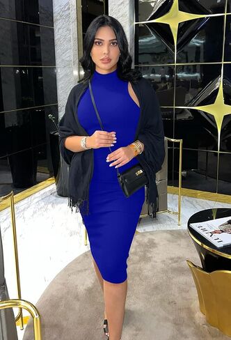 فستان GOBLES نسائي مثير برقبة عالية وأنيق بدون أكمام Bodycon Midi Club in Saudi Arabia