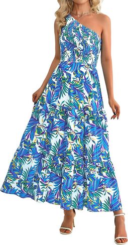 فساتين XIONGMEI الصيفية للسيدات 2024 فستان مثير بكتف واحد بدون أكمام مطبوع عليه زهور بوهو فلوي سوينغ للشاطئ فستان طويل in Kuwait