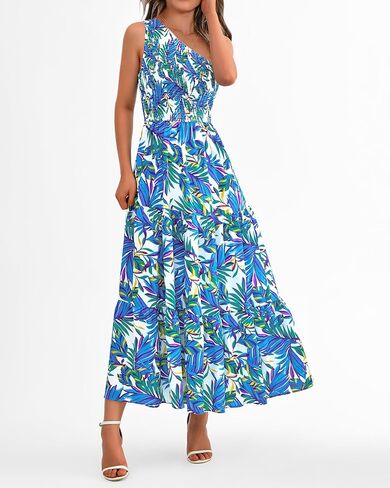 فساتين XIONGMEI الصيفية للسيدات 2024 فستان مثير بكتف واحد بدون أكمام مطبوع عليه زهور بوهو فلوي سوينغ للشاطئ فستان طويل in Kuwait