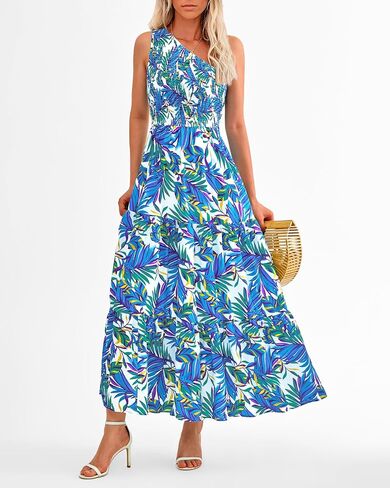 فساتين XIONGMEI الصيفية للسيدات 2024 فستان مثير بكتف واحد بدون أكمام مطبوع عليه زهور بوهو فلوي سوينغ للشاطئ فستان طويل in Kuwait