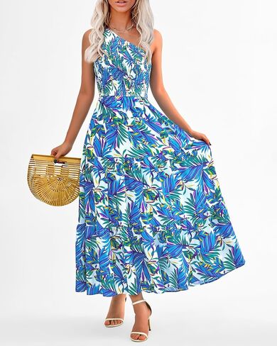 فساتين XIONGMEI الصيفية للسيدات 2024 فستان مثير بكتف واحد بدون أكمام مطبوع عليه زهور بوهو فلوي سوينغ للشاطئ فستان طويل in Kuwait