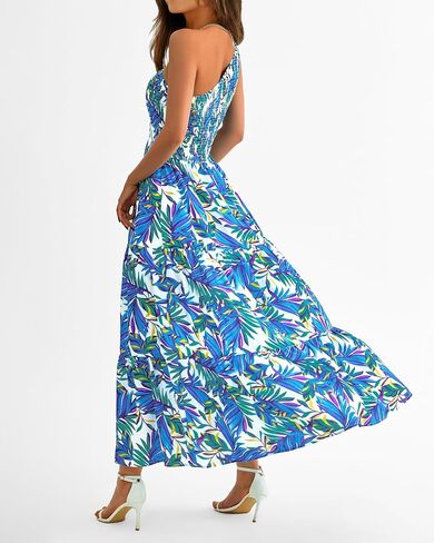 فساتين XIONGMEI الصيفية للسيدات 2024 فستان مثير بكتف واحد بدون أكمام مطبوع عليه زهور بوهو فلوي سوينغ للشاطئ فستان طويل in Kuwait