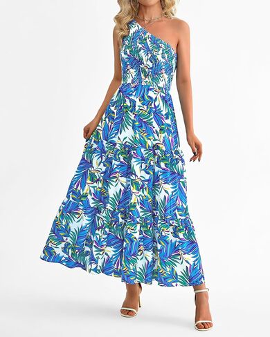 فساتين XIONGMEI الصيفية للسيدات 2024 فستان مثير بكتف واحد بدون أكمام مطبوع عليه زهور بوهو فلوي سوينغ للشاطئ فستان طويل in Kuwait