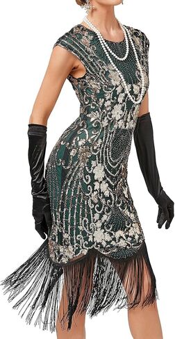 فساتين LELOVEFU 1920s Flapper فساتين مطرزة بالترتر 20s Gatsby أزياء الحفلات مع مجموعة إكسسوارات 20s in Saudi Arabia