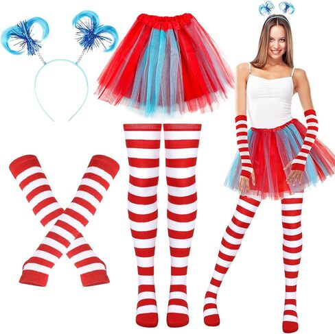 Xtinmee 4 Pcs Tulle Tutu Costume Set 4 Layered Tutu Skirt Striped Long Arm Warmer Gloves Thigh High Socks Ponytails Headband for Women Girls Teen Costume Cosplay Party Supplies, S in Saudi Arabia