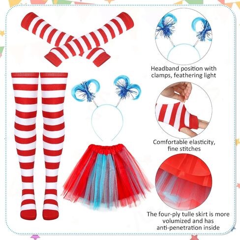 Xtinmee 4 Pcs Tulle Tutu Costume Set 4 Layered Tutu Skirt Striped Long Arm Warmer Gloves Thigh High Socks Ponytails Headband for Women Girls Teen Costume Cosplay Party Supplies, S in Saudi Arabia