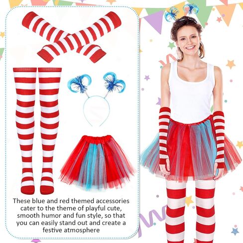 Xtinmee 4 Pcs Tulle Tutu Costume Set 4 Layered Tutu Skirt Striped Long Arm Warmer Gloves Thigh High Socks Ponytails Headband for Women Girls Teen Costume Cosplay Party Supplies, S in Saudi Arabia