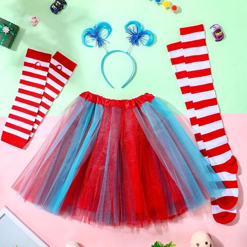 Xtinmee 4 Pcs Tulle Tutu Costume Set 4 Layered Tutu Skirt Striped Long Arm Warmer Gloves Thigh High Socks Ponytails Headband for Women Girls Teen Costume Cosplay Party Supplies, S in Saudi Arabia