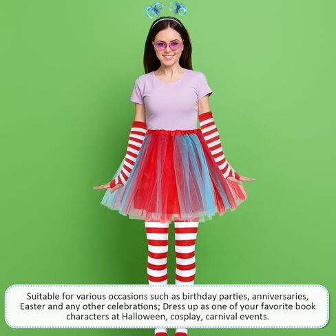 Xtinmee 4 Pcs Tulle Tutu Costume Set 4 Layered Tutu Skirt Striped Long Arm Warmer Gloves Thigh High Socks Ponytails Headband for Women Girls Teen Costume Cosplay Party Supplies, S in Saudi Arabia