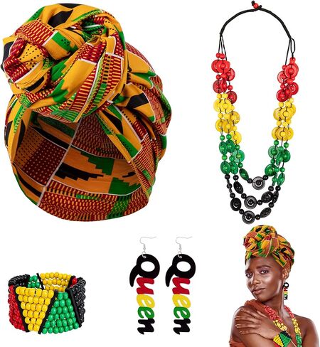 Juneteenth African Jewelry for Women, Juneteenth Bracelets Necklace Bandana Earrings Party Favors, Bead Bracelet Head Wrap Scarf Earrings Necklace, Freedom African Accessories Parade Party Supplies in Kuwait
