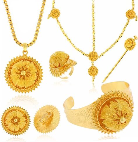 مجموعات مجوهرات كبيرة الحجم مكونة من ستة قطع للنساء الإثيوبيات Habesha ذهبي اللون مجوهرات حفلات الزفاف in Kuwait