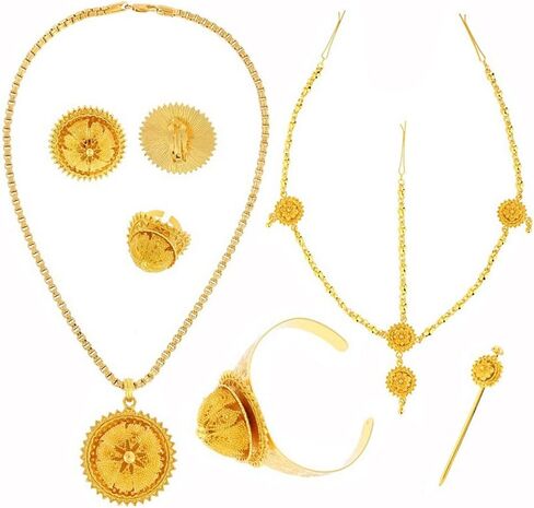 مجموعات مجوهرات كبيرة الحجم مكونة من ستة قطع للنساء الإثيوبيات Habesha ذهبي اللون مجوهرات حفلات الزفاف in Kuwait