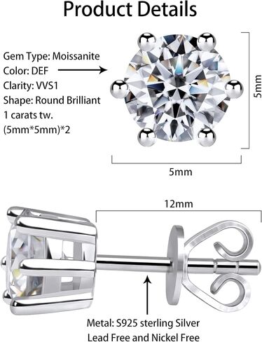 Moissanite Stud Earrings for Women Men, Nickel Free S925 Sterling Silver Hypoallergenic Earrings, 1ct - 2ct D Color VVS1 Clarity Brilliant Round Cut Lab Created Diamond Earring Set Promise Birthday Christmas Gift (Classic 6 prong, 1 carats-(0.5ct*2)-5mm) in Saudi Arabia