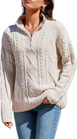 Famulily Womens Cute Cable Knit Sweater Long Sleeve Turtleneck Sweater Cozy Warm Half Zip Pullover Top in Saudi Arabia