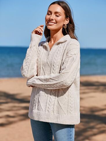Famulily Womens Cute Cable Knit Sweater Long Sleeve Turtleneck Sweater Cozy Warm Half Zip Pullover Top in Saudi Arabia