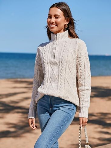 Famulily Womens Cute Cable Knit Sweater Long Sleeve Turtleneck Sweater Cozy Warm Half Zip Pullover Top in Saudi Arabia