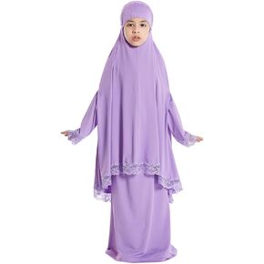 Muslim Prayer Dress for Girls, Long Sleeve Two Piece Full Cover Kids Children Lace Islamic Prayer Dress with Hijab