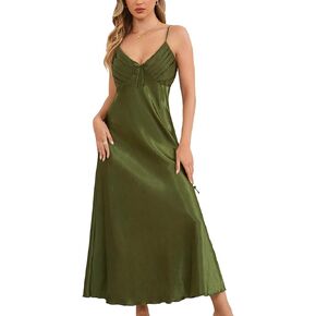 Original Kimono Womens Satin Long Sleepwear V Neck Spaghetti Strap Chemises Lingerie Nightgown Sexy Nightwear