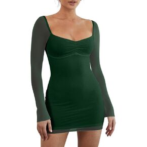 Mokoru Women's Sexy Bodycon Mesh Long Sleeve Square Neck Mini Party Short Dress in Kuwait