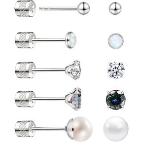 Titanium Stud Earrings, 5 Pairs Threadless Hypoallergenic Cubic Zirconia Earrings Studs Opal Ball Pearl Stud Earrings for Women, Surgical Stainless Steel Stud Earrings Set for Cartilage