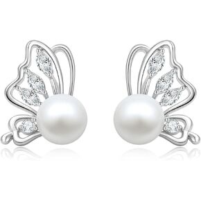 Velvique Pearl Stud Earrings,Silver-plated Butterfly Accessories,Handpicked Freshwater Cultured Pearl,Exquisite Gifts for Women. in Saudi Arabia