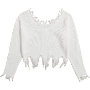 Verdusa Women's Ripped Scoop Neck Long Sleeve Frayed Knitted Pullover Crop Top Sweaters