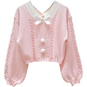 FindThy Women's Y2K Pullover Sweater Sweet Lantern Sleeve Bowtie Knit Crop Jumper Tops in Saudi Arabia