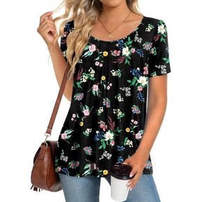 Anymeet 2024 Women's Summer Tunic Top Short Sleeve Casual Tshirts Pleated Loose Blouses for Leggings