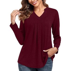 Anyhold Womens Fall Long Sleeve Tunic Tops Notch V Neck Shirt Casual Pleated Basic Pullover