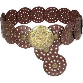 Buywis Wide Disc Belt for Women Boho Disk Concho Leather Belts Western Waist Belts for Dress