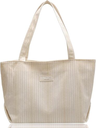 شنطة يد كبيرة توت قماشية من هوبليجي، شنطة توت بيضاء مع سحاب شنطة كتف كاجوال مع جيب داخلي للعمل والتسوق والسفر والشاطئ in Kuwait