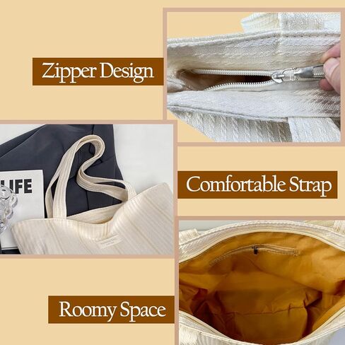 شنطة يد كبيرة توت قماشية من هوبليجي، شنطة توت بيضاء مع سحاب شنطة كتف كاجوال مع جيب داخلي للعمل والتسوق والسفر والشاطئ in Kuwait