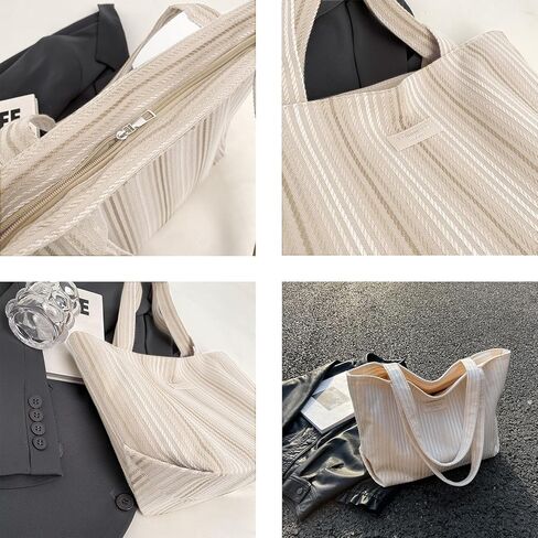 شنطة يد كبيرة توت قماشية من هوبليجي، شنطة توت بيضاء مع سحاب شنطة كتف كاجوال مع جيب داخلي للعمل والتسوق والسفر والشاطئ in Kuwait