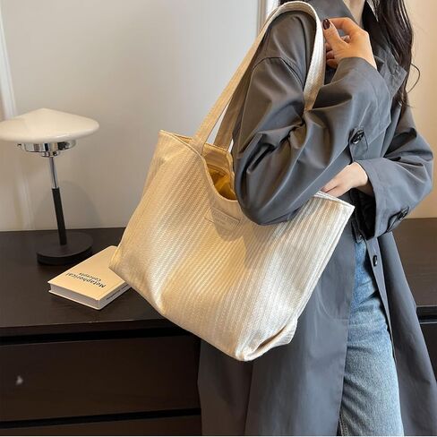 شنطة يد كبيرة توت قماشية من هوبليجي، شنطة توت بيضاء مع سحاب شنطة كتف كاجوال مع جيب داخلي للعمل والتسوق والسفر والشاطئ in Kuwait