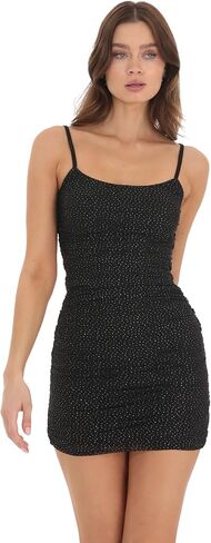 فستان Lucy in the Sky نسائي قصير أسود لحفلات الكوكتيل مكشكش، شبكة متلألئة مع زي فضي لامع in Kuwait