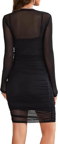 فستان Aossfre نسائي شفاف شبكي مكون من قطعتين ورقبة وهمية وأكمام طويلة مكشكشة فستان متوسط ​​الطول للنادي in Kuwait