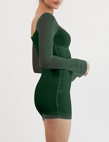 Mokoru Women's Sexy Bodycon Mesh Long Sleeve Square Neck Mini Party Short Dress in Kuwait