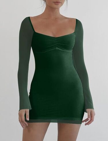 Mokoru Women's Sexy Bodycon Mesh Long Sleeve Square Neck Mini Party Short Dress in Kuwait