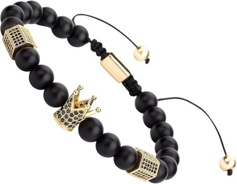 JOYA GIFT 8mm Black Matte Onyx Beads King Crown Braided Bracelet for Men with CZ Charm in Saudi Arabia