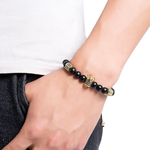 JOYA GIFT 8mm Black Matte Onyx Beads King Crown Braided Bracelet for Men with CZ Charm in Saudi Arabia