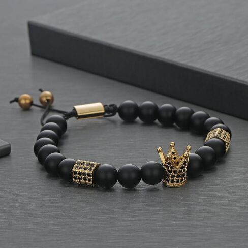 JOYA GIFT 8mm Black Matte Onyx Beads King Crown Braided Bracelet for Men with CZ Charm in Saudi Arabia