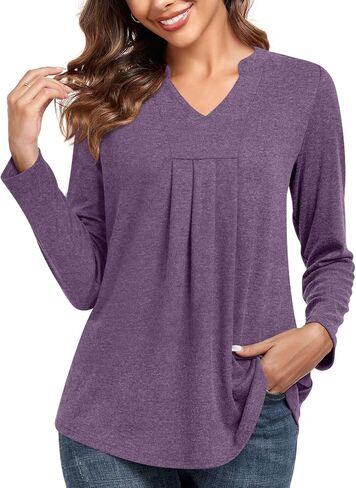 Anyhold Womens Fall Long Sleeve Tunic Tops Notch V Neck Shirt Casual Pleated Basic Pullover in Saudi Arabia