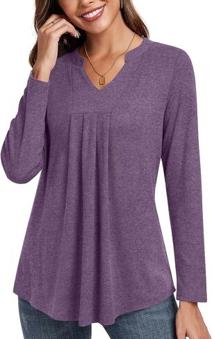 Anyhold Womens Fall Long Sleeve Tunic Tops Notch V Neck Shirt Casual Pleated Basic Pullover in Saudi Arabia