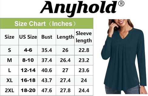 Anyhold Womens Fall Long Sleeve Tunic Tops Notch V Neck Shirt Casual Pleated Basic Pullover in Saudi Arabia