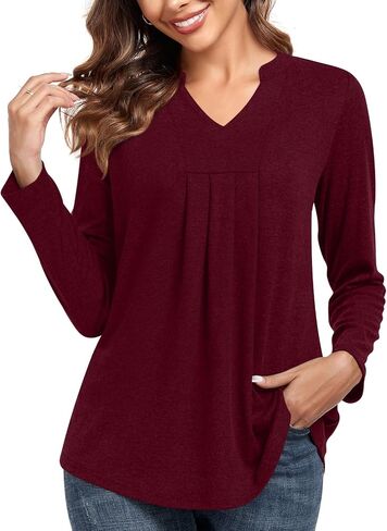 Anyhold Womens Fall Long Sleeve Tunic Tops Notch V Neck Shirt Casual Pleated Basic Pullover in Saudi Arabia