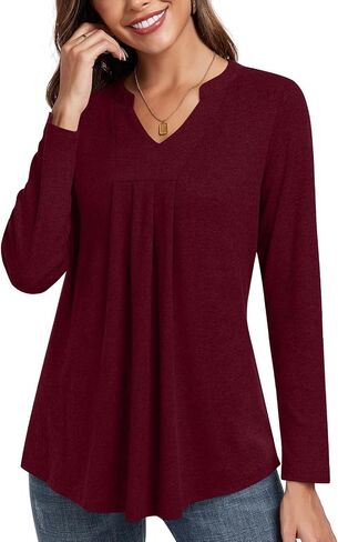 Anyhold Womens Fall Long Sleeve Tunic Tops Notch V Neck Shirt Casual Pleated Basic Pullover in Saudi Arabia