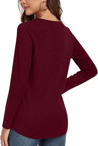 Anyhold Womens Fall Long Sleeve Tunic Tops Notch V Neck Shirt Casual Pleated Basic Pullover in Saudi Arabia