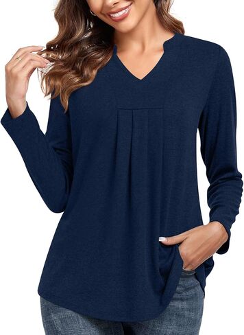 Anyhold Womens Fall Long Sleeve Tunic Tops Notch V Neck Shirt Casual Pleated Basic Pullover in Saudi Arabia
