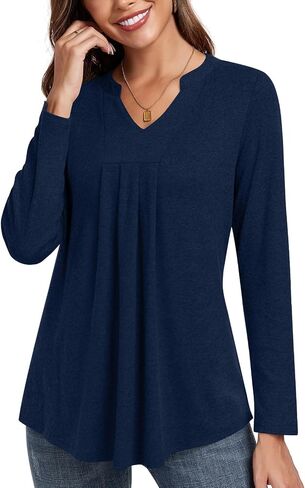 Anyhold Womens Fall Long Sleeve Tunic Tops Notch V Neck Shirt Casual Pleated Basic Pullover in Saudi Arabia